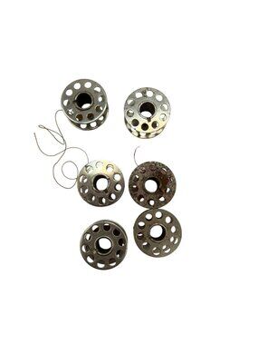 Vintage Metal Sewing Machine Bobbins Set Of 6 With Thread A596
